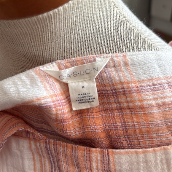 NWT!! Caslon - Stripe Cotton Popover Top In Ivory- Coral Nora Plaid - Medium - Picture 7 of 8